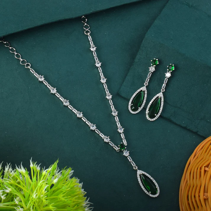 American Diamond Necklace Set With Floral Cluster Arrangement-green.webp