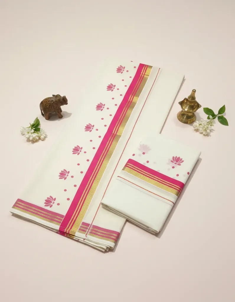 Kerala Handloom Set Mundu/4512 (Pink)