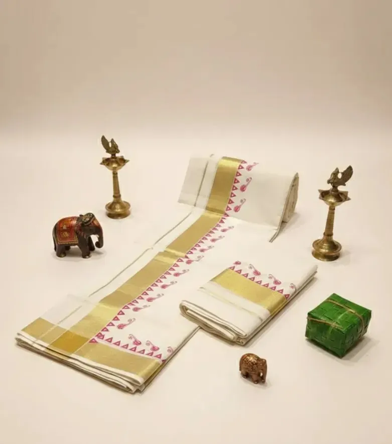 Kerala Handloom Set Mundu/4554 (Pink, Design 1)