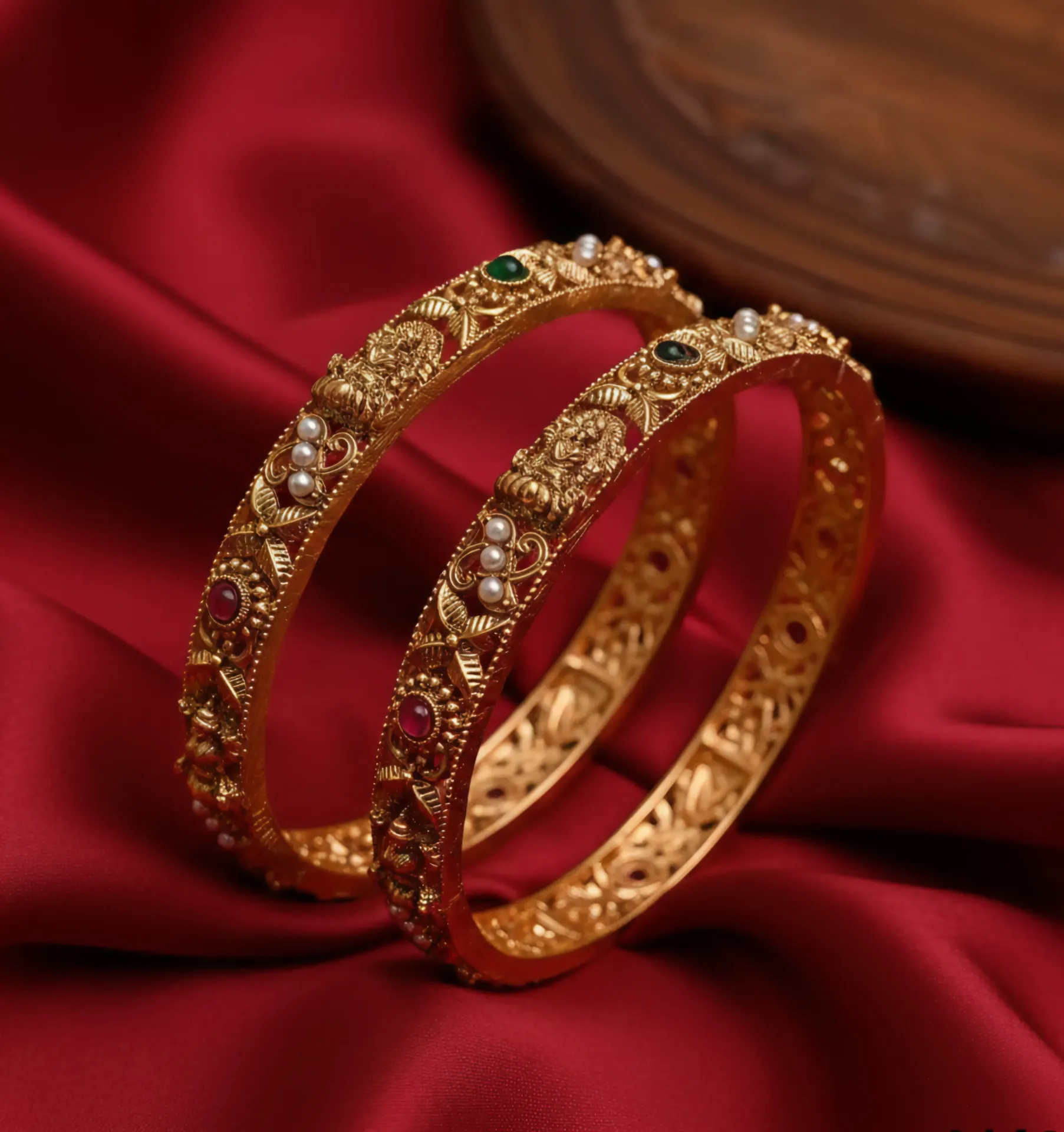 Lakshmi Carved Bangle Set with Moti & Stone Accents (2 Pieces) (2X4)