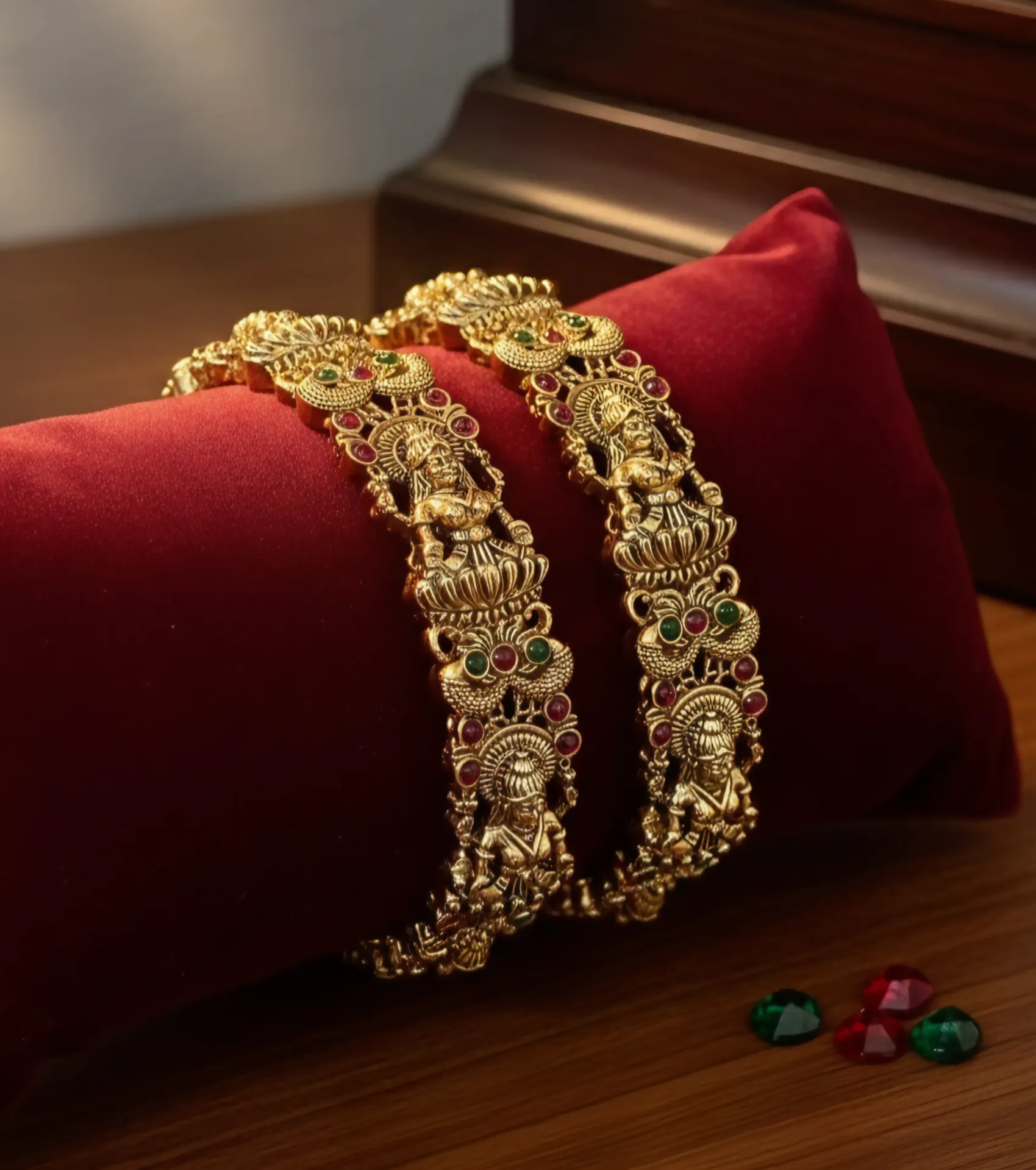 Antique Lakshmi Carved Kada Set with Stone Accents (Set of 2) (2X4)