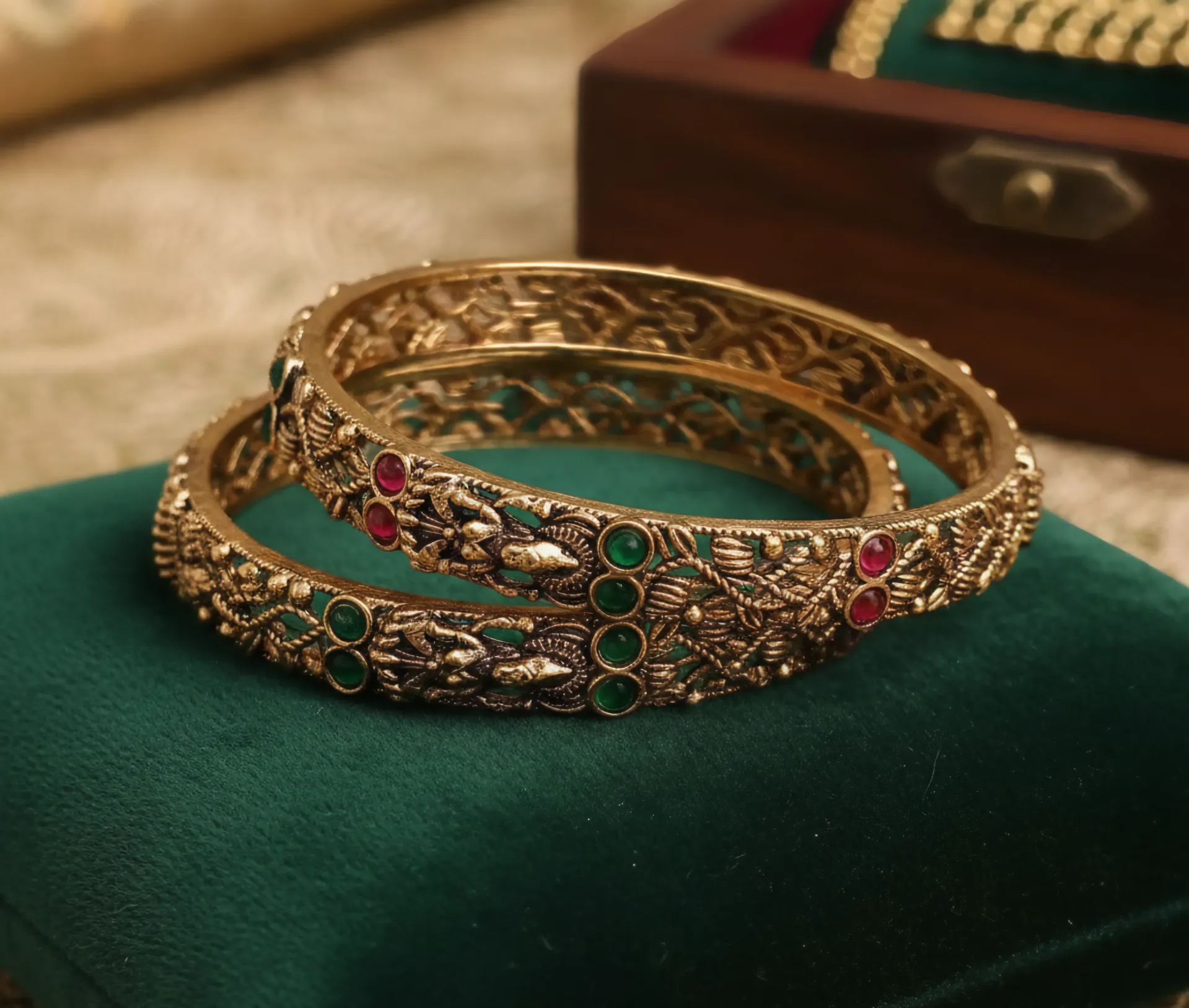 Antique Lakshmi Carved Bangle Set with Red & Green Stones (Set of 2) (2X4)