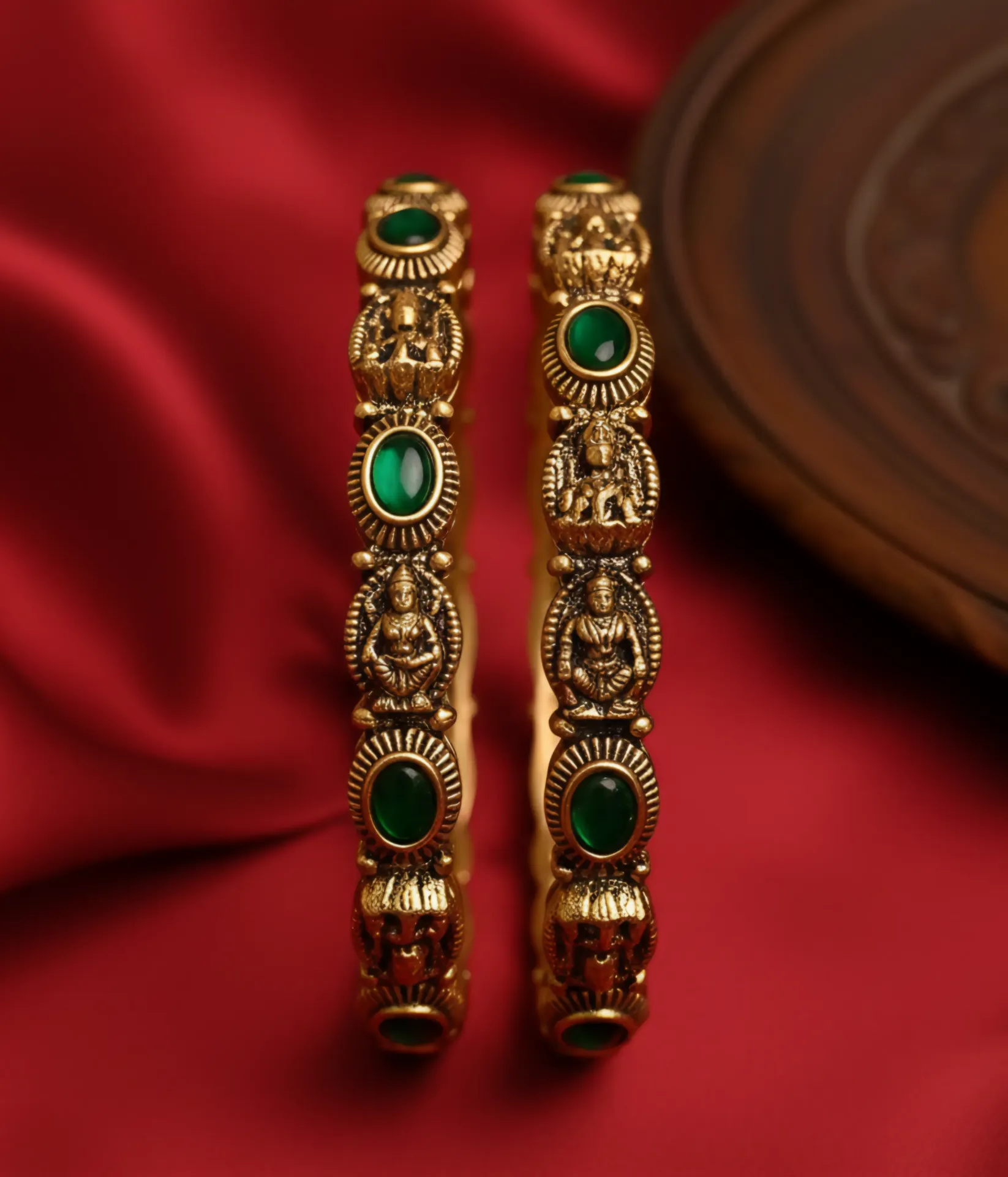 Lakshmi Carved Green Stone Bangle Set (Set of 2) (2X4)
