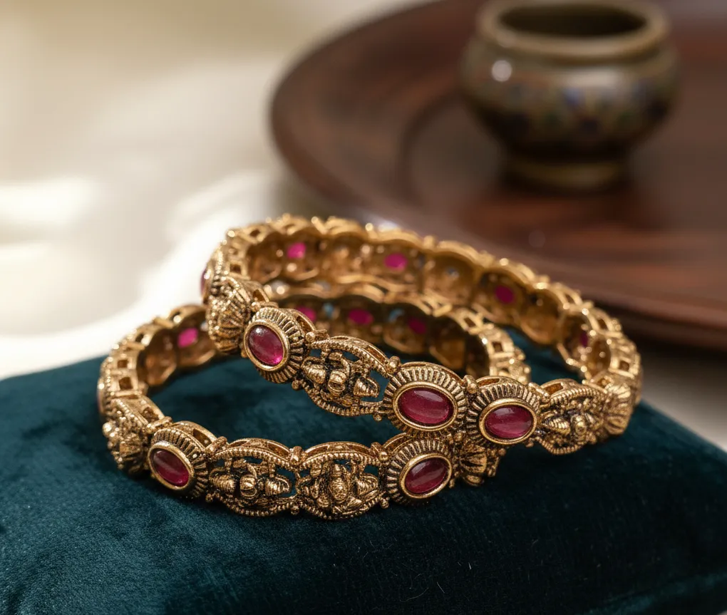 Lakshmi Carved Red Stone Bangle Set (2 Pieces) (2X4)