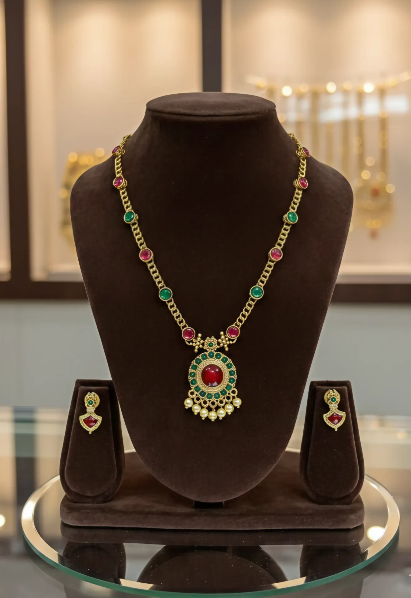 Moti Dangler Necklace with Palakka Studs (Red)