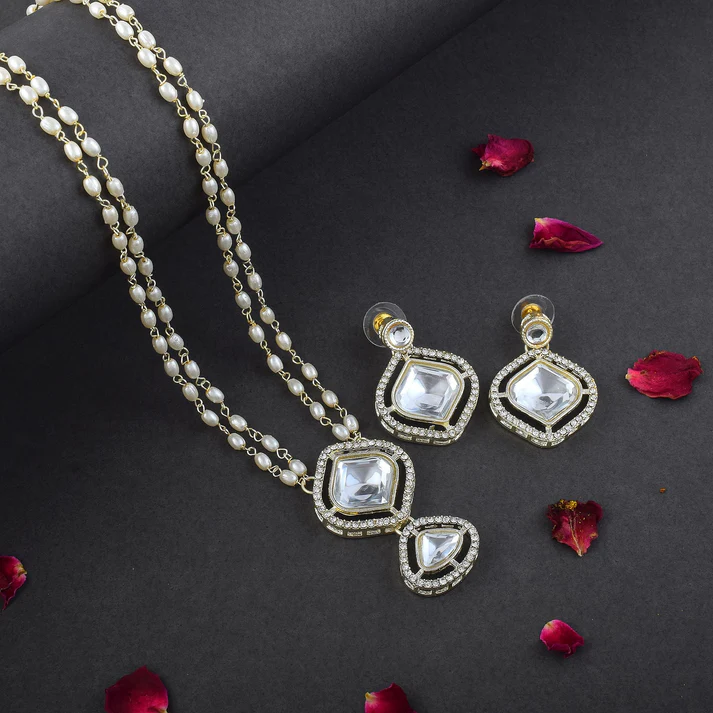 Elegant White Kundan Long Necklace Set