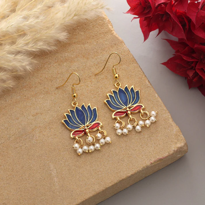 Lotus Design Meenakari Earrings (Blue)