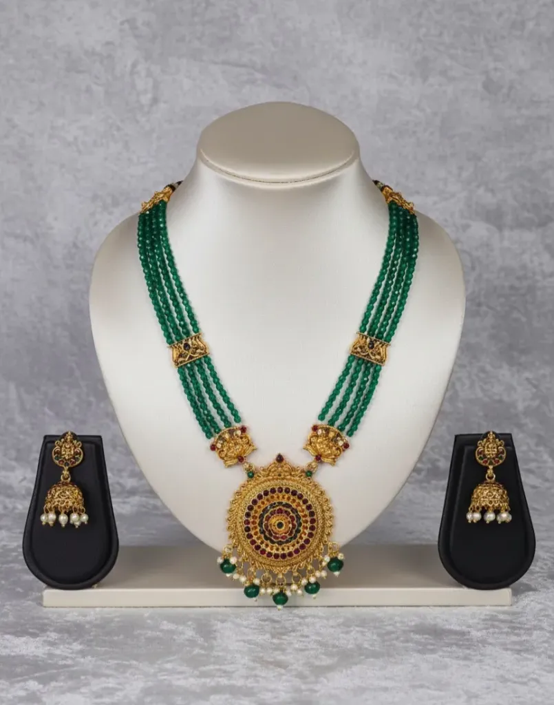 Beaded Long Haaram with Pendant (Green)