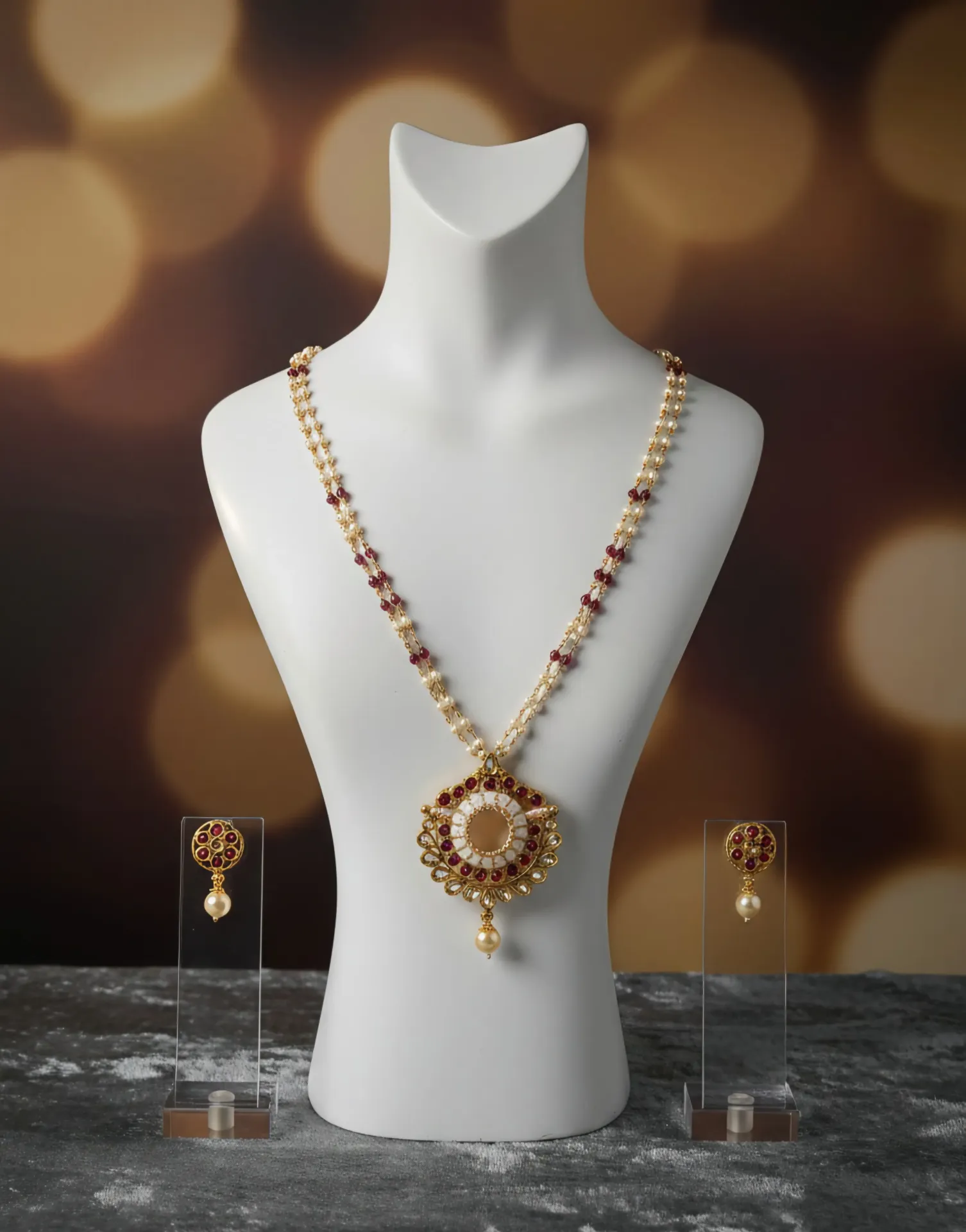 Long Red & White Pearl Necklace