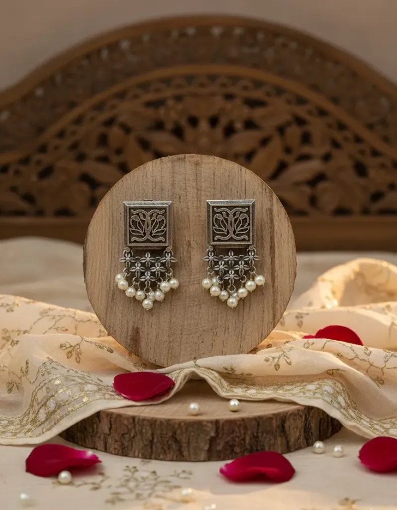 Oxidised Square Earrings with Pearl Drops