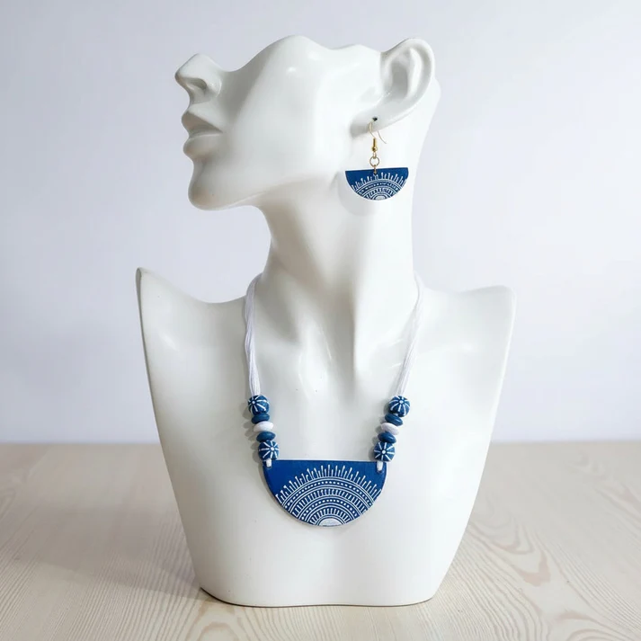 Turquoise Blue Handcrafted Wooden Necklace Set