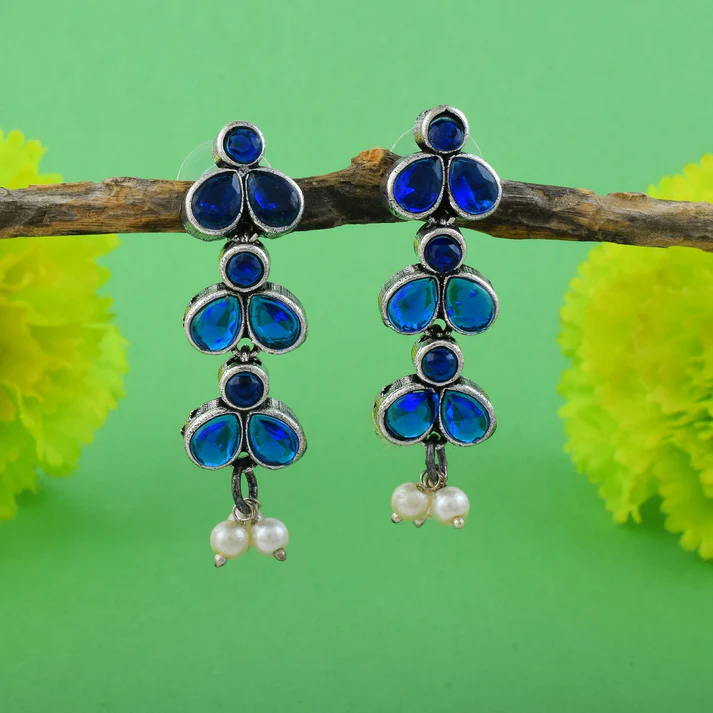 Elegant Oxidised Bridal Earrings (Blue)