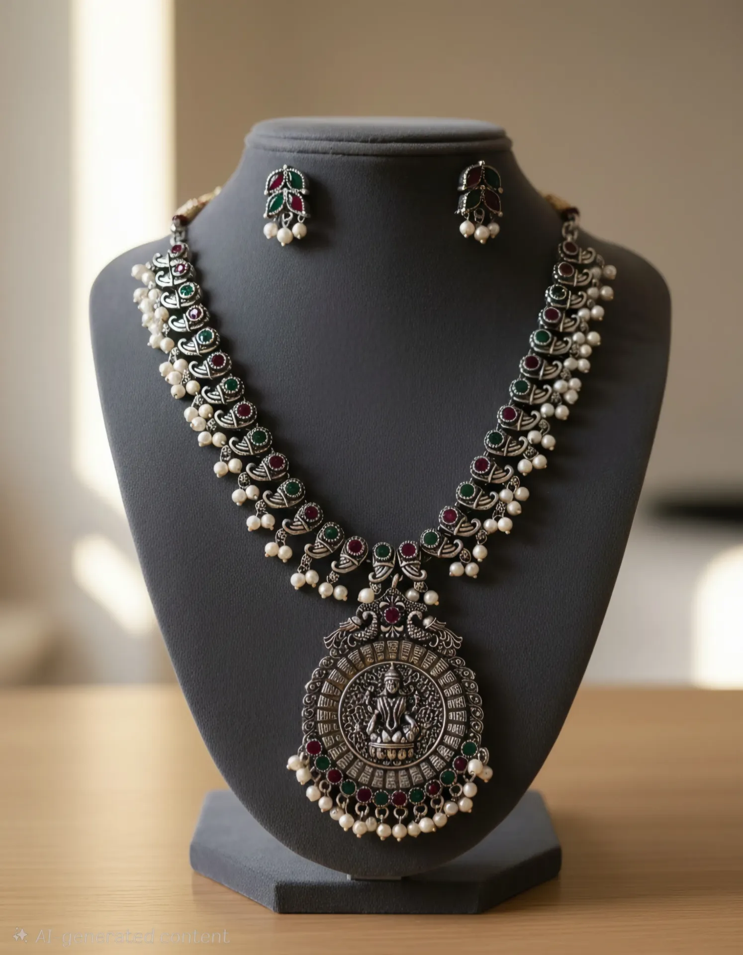 Silver Oxidised Pearl Drop Neckpiece Set