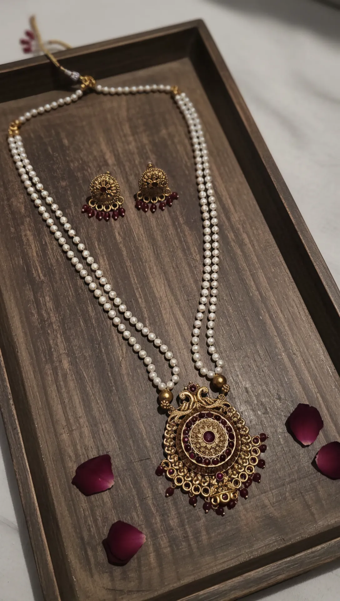 Kempu Pendant Long Haaram with Color Drops (Red)