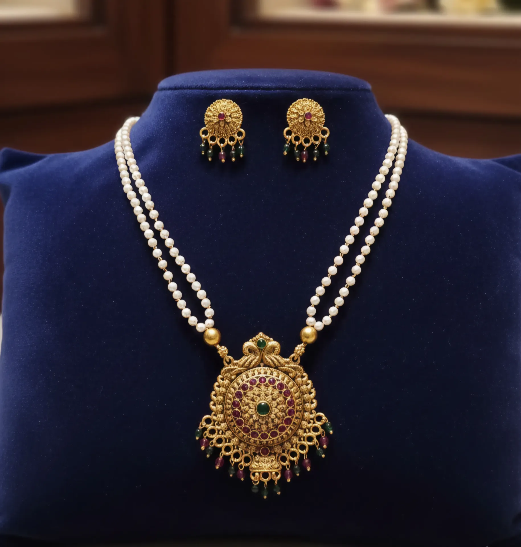 Kempu Pendant Long Haaram with Color Drops