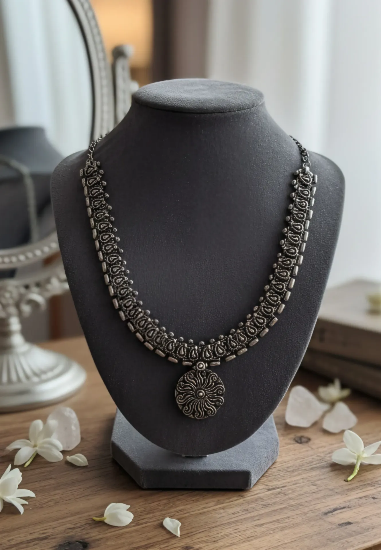 Silver Oxidised Intricate Choker Necklace