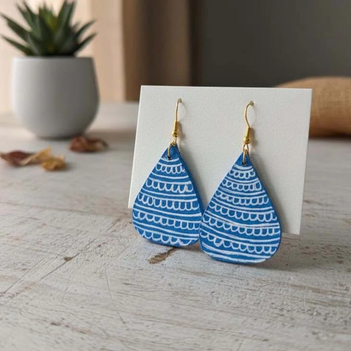 Turquoise Blue Wooden Handcraft Earrings