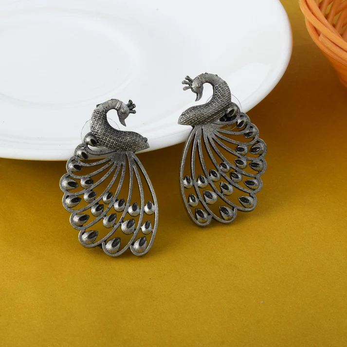 Peacock Design Oxidised Silver Earrings