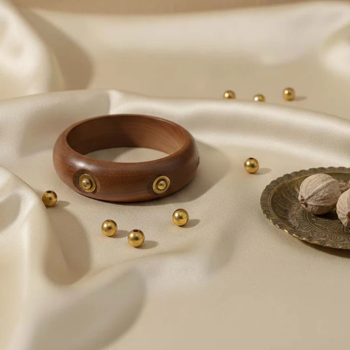 Brown Wooden Bangle with Gold Ball Accents (2x6)