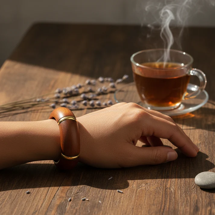 Brown Wooden Bangle with Gold Line (2X6)