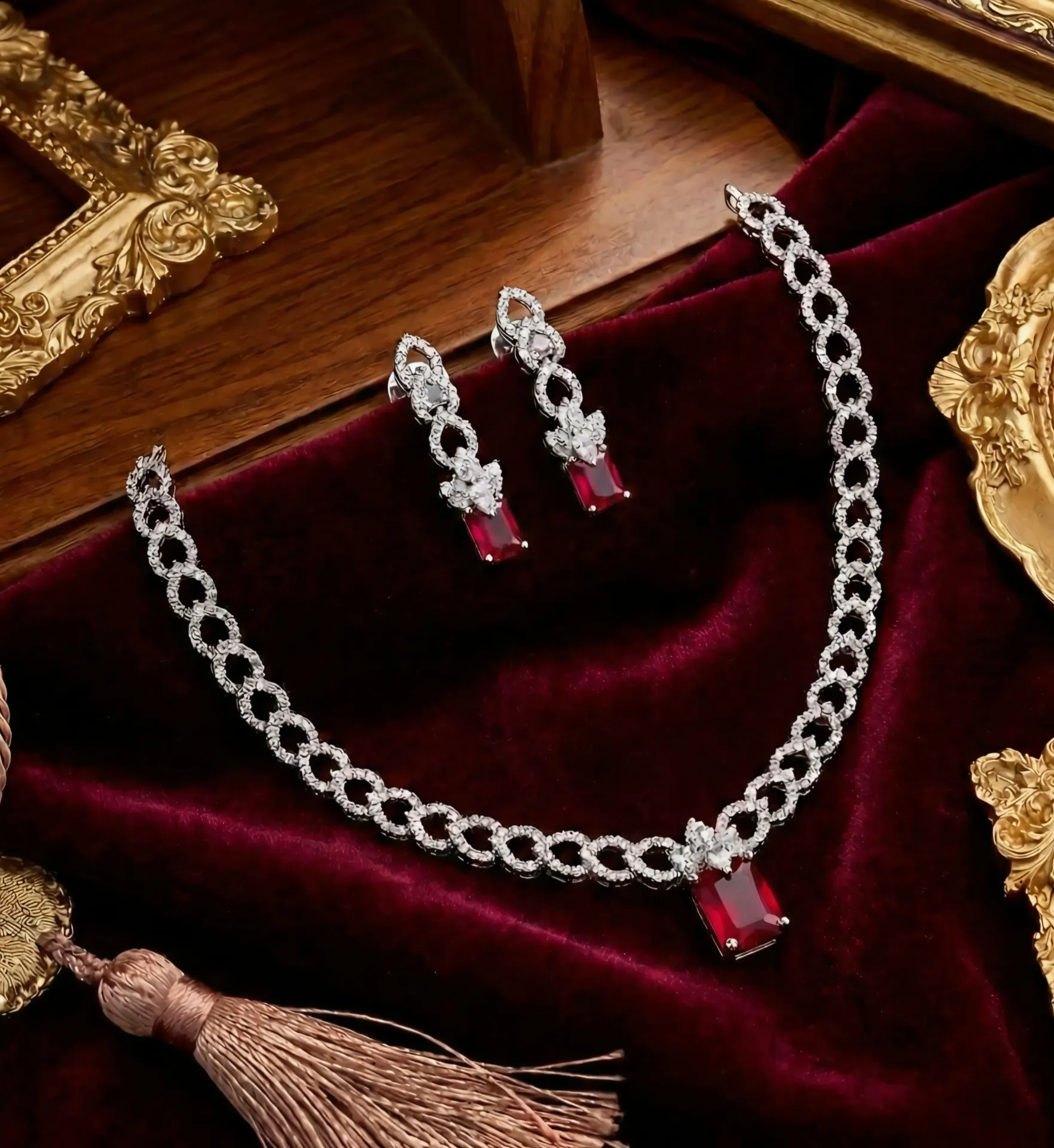 Rhodium Stone Loop Necklace Set with Square Pendant