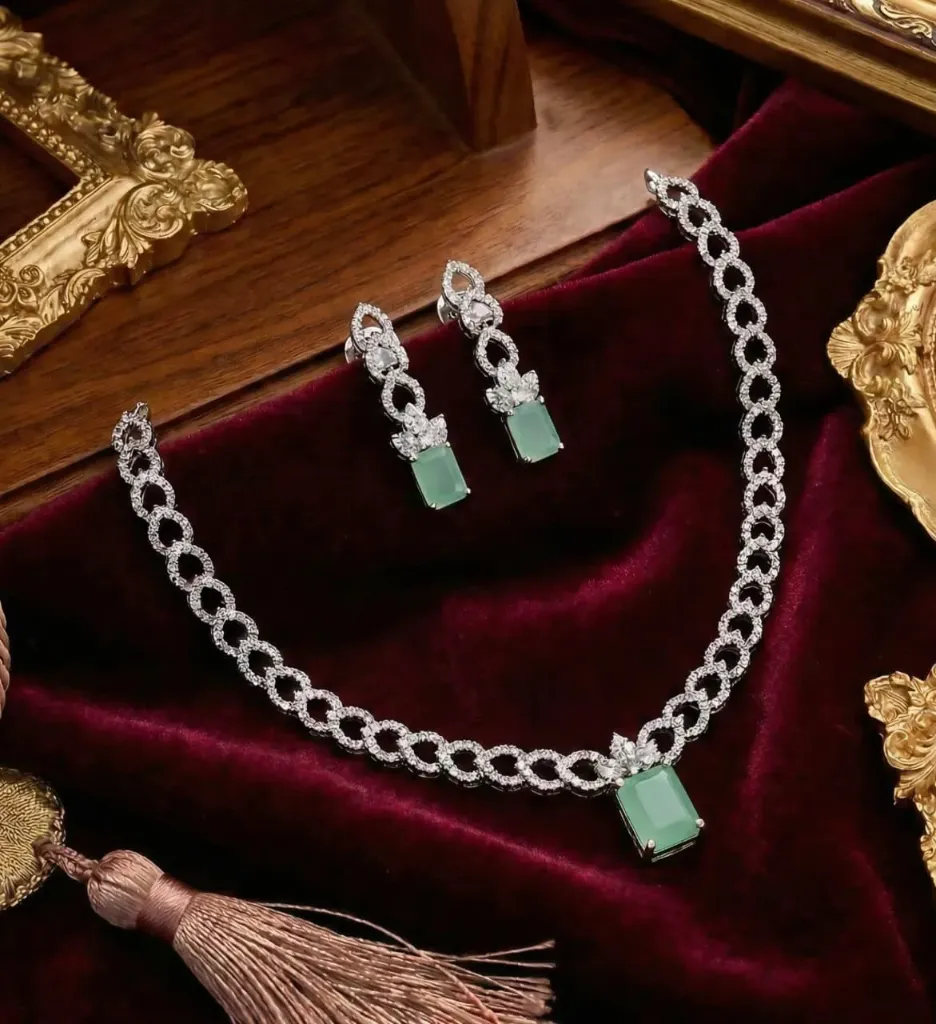 Rhodium Stone Loop Necklace Set with Square Pendant