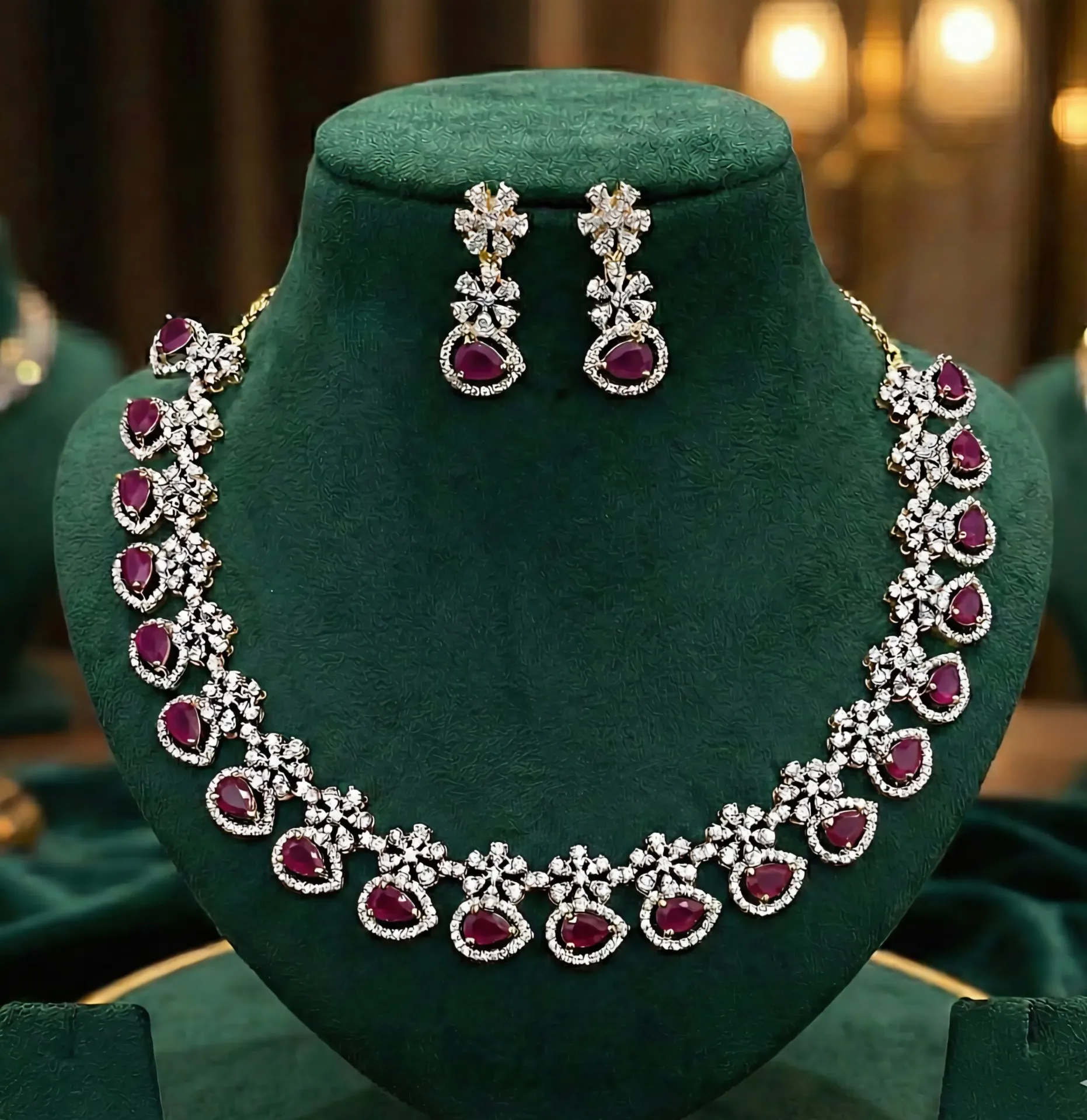 Rhodium Stone Neckpiece with Intricate Detailing (Red)